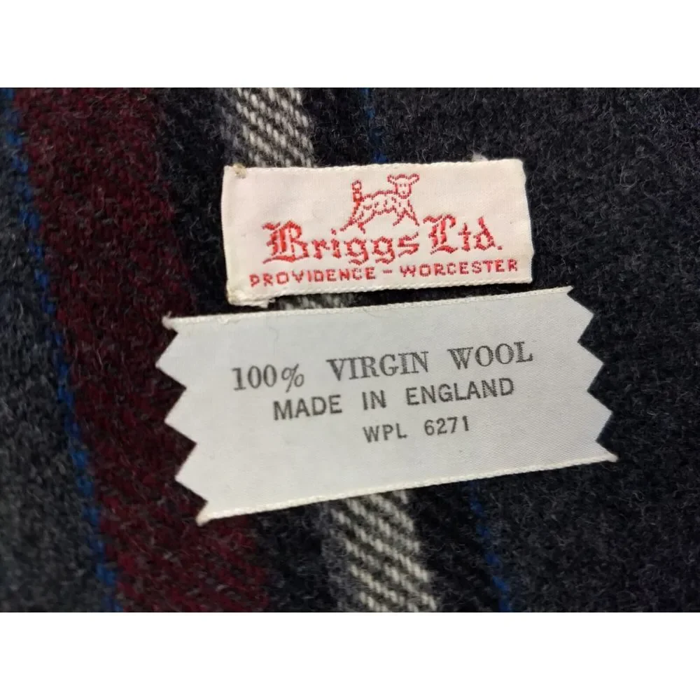 Briggs 100% Virgin Wool Scarf Mens Plaid Dark Grey Cranberry Mini Fringe England